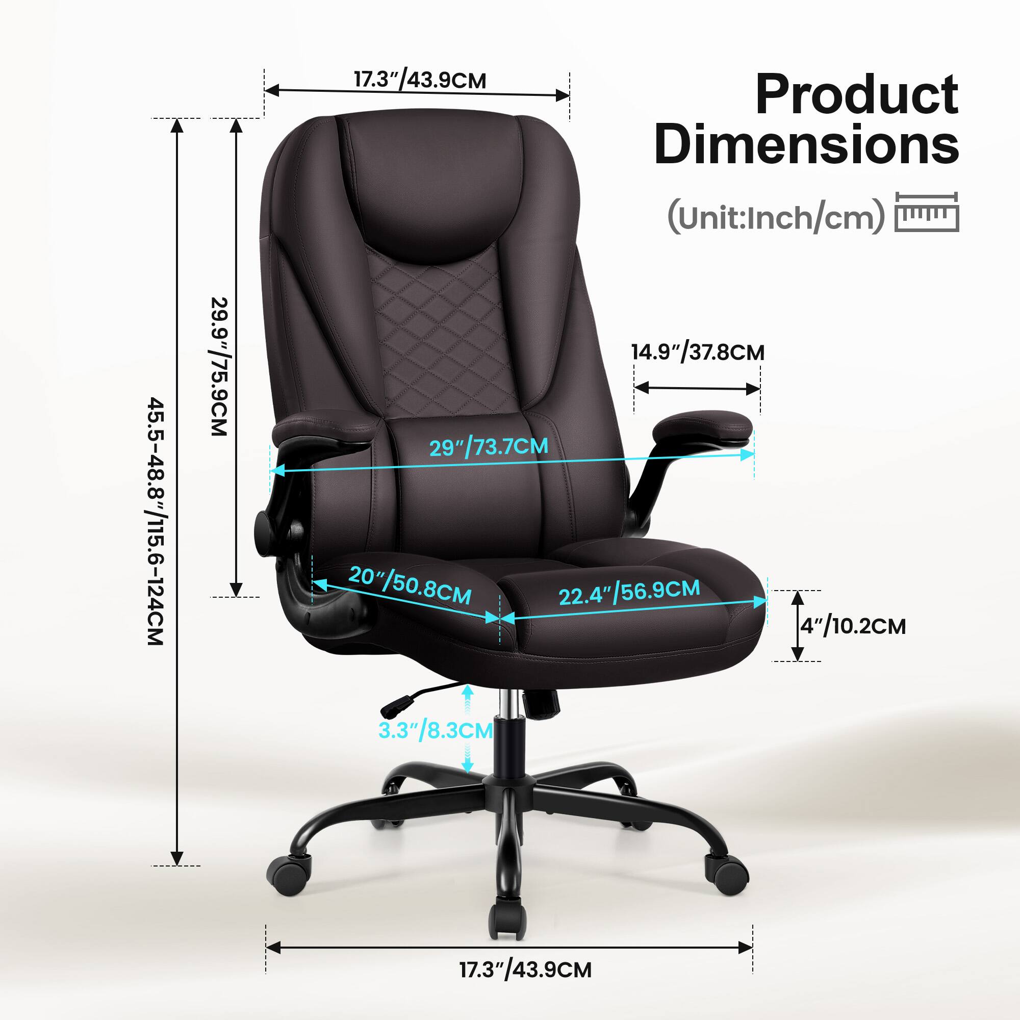 Product Dimensions (Unit: Inch/cm)

- 45.5-48.8" / 115.6-124 cm
- 29.9" / 75.9 cm
- 17.3" / 43.9 cm
- 14.9" / 37.8 cm
- 29" / 73.7 cm
- 20" / 50.8 cm
- 22.4" / 56.9 cm
- 4" / 10.2 cm
- 3.3" / 8.3 cm