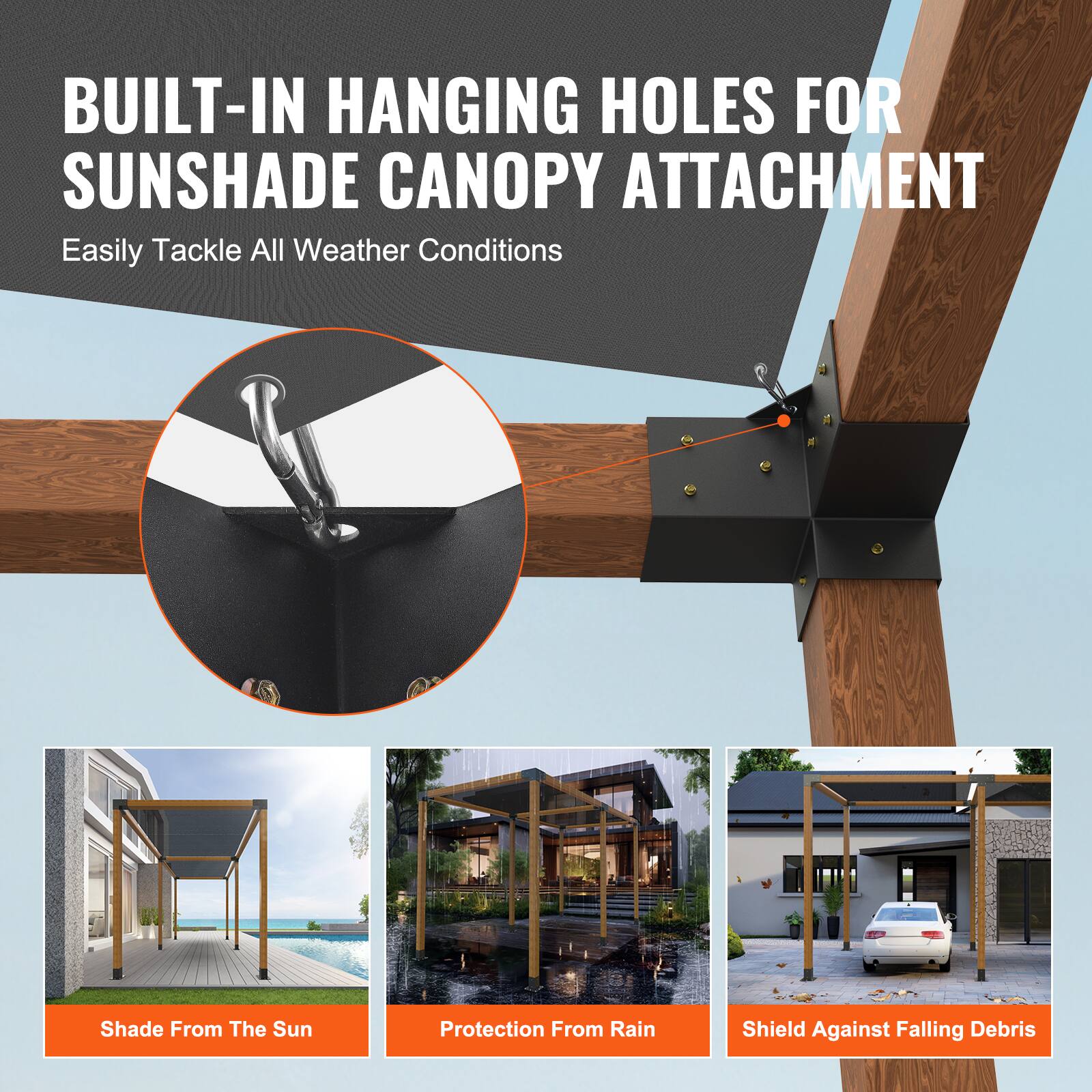 BUILT-IN HANGING HOLES FOR SUNSHADE CANOPY ATTACHMENT  
Easily Tackle All Weather Conditions  

Shade From The Sun  
Protection From Rain  
Shield Against Falling Debris