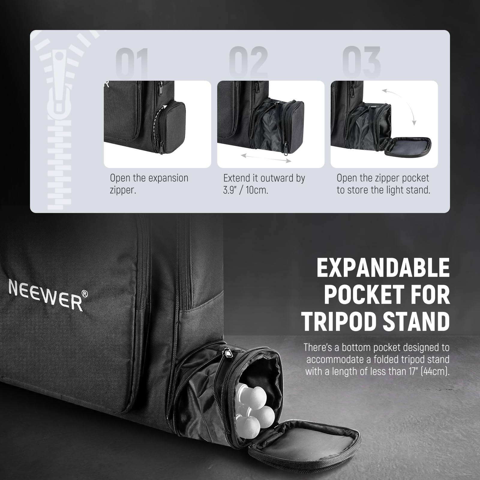 01 Open the expansion zipper.  
02 Extend it outward by 3.9" / 10cm.  
03 Open the zipper pocket to store the light stand.  

NEEWER EXPANDABLE POCKET FOR TRIPOD STAND  
There's a bottom pocket designed to accommodate a folded tripod stand with a length of less than 17" (44cm).
