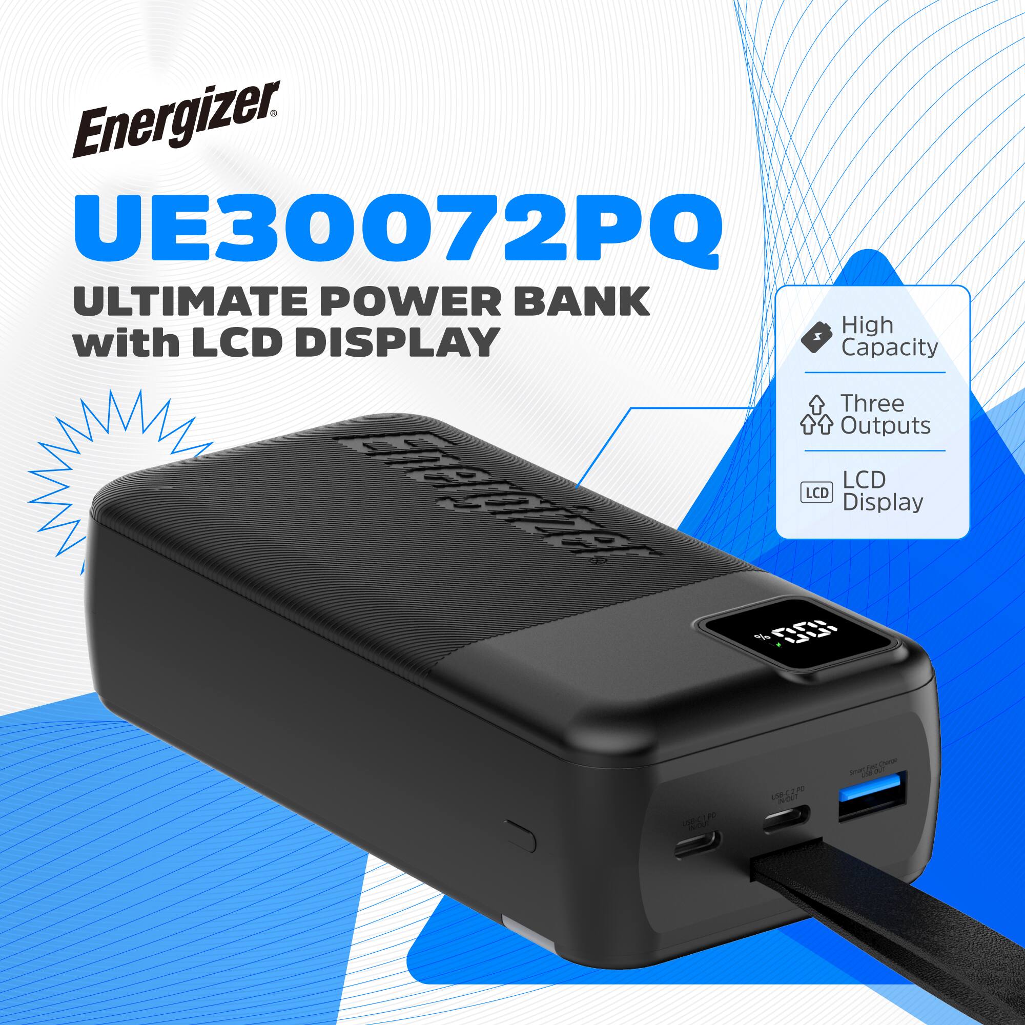Energizer UE30072PQ Ultimate Power Bank with LCD Display, High Capacity, Three Outputs, LCD Energizer LCD Display.