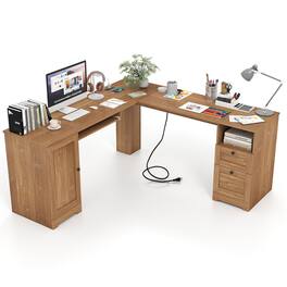 Gymax - 66 Inch L-Shaped Computer Desk Spacious Corner Desk w/ Drawers & Cabinet - Oak