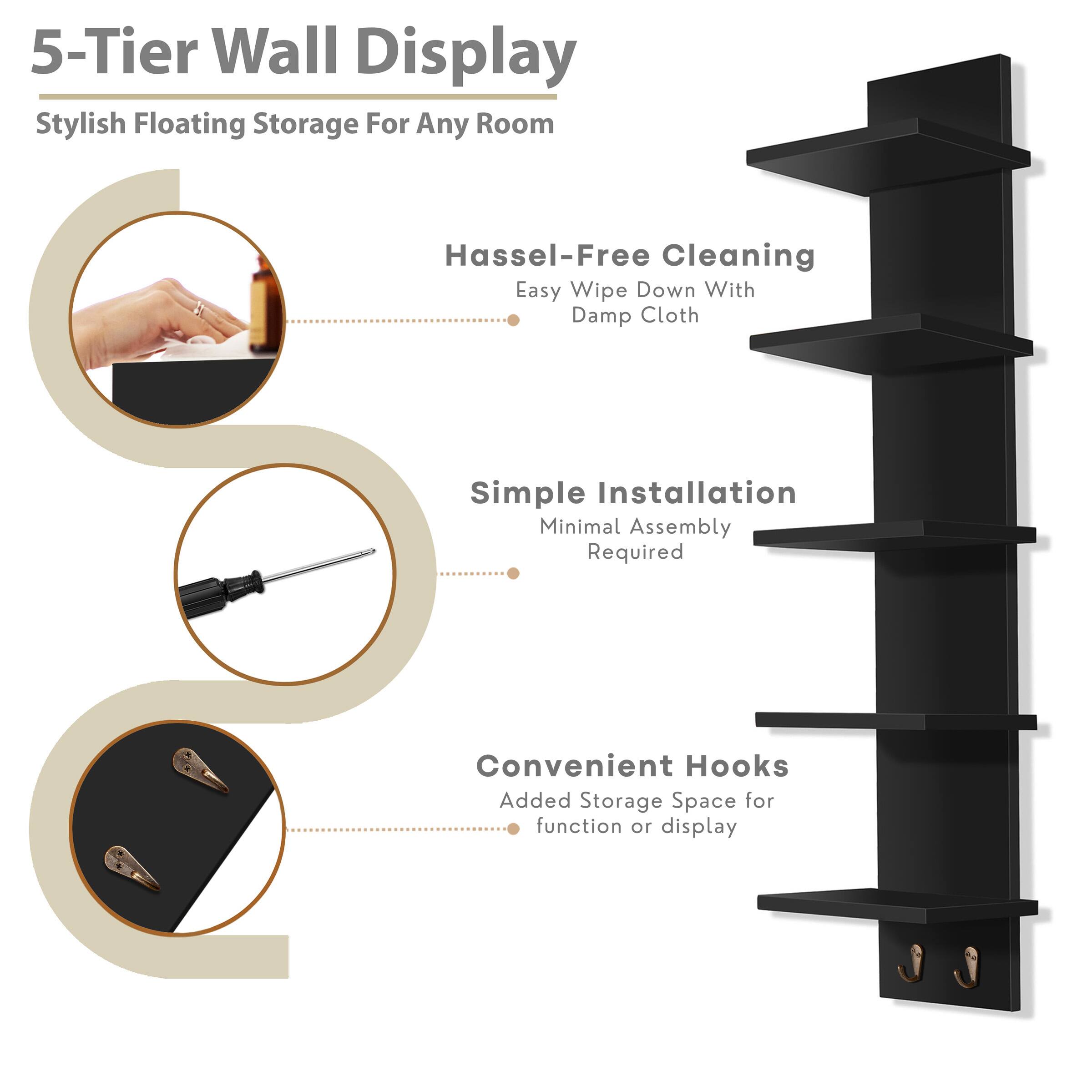 5-Tier Wall Display, Stylish Floating Storage For Any Room, Hassel-Free Cleaning, Easy Wipe Down With Damp Cloth, Simple Installation, Minimal Assembly Required, Convenient Hooks, Added Storage Space for function or display
