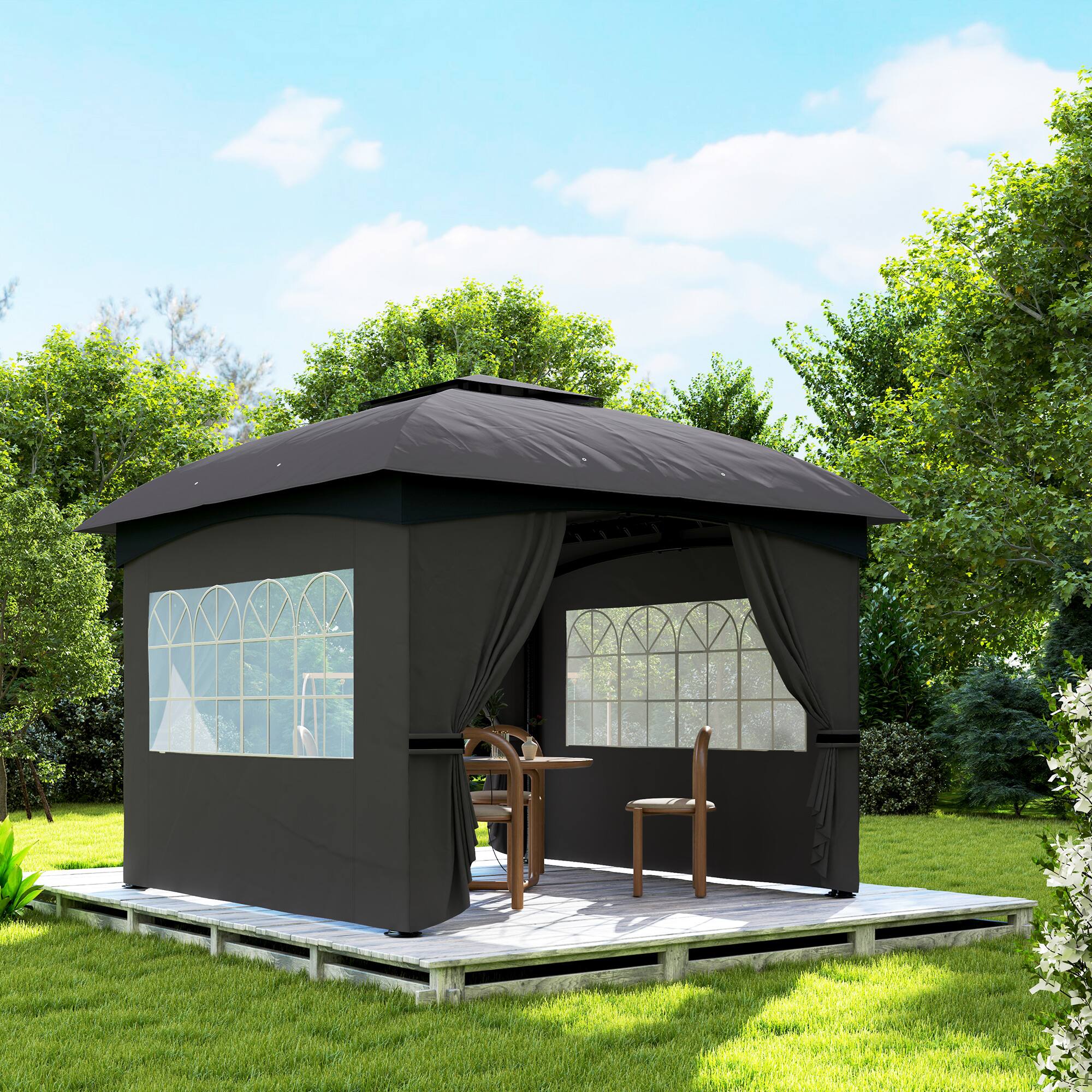 Alt View 8. Outsunny - x 11' Outdoor Gazebo, Double Roof Patio Gazebo with Curtains, Church Windows, Galvanized Steel Frame - Dark Gray.