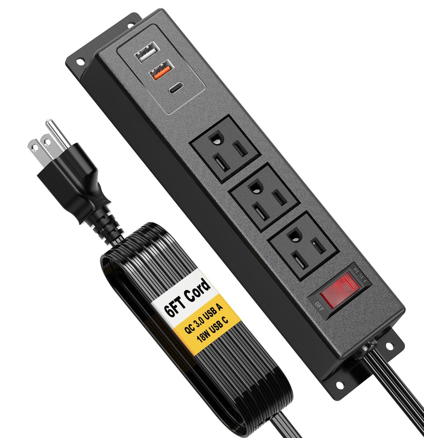 Dazzed Corner - Wall Mount Power Strip with USB,6 FT Extension Cord - Black