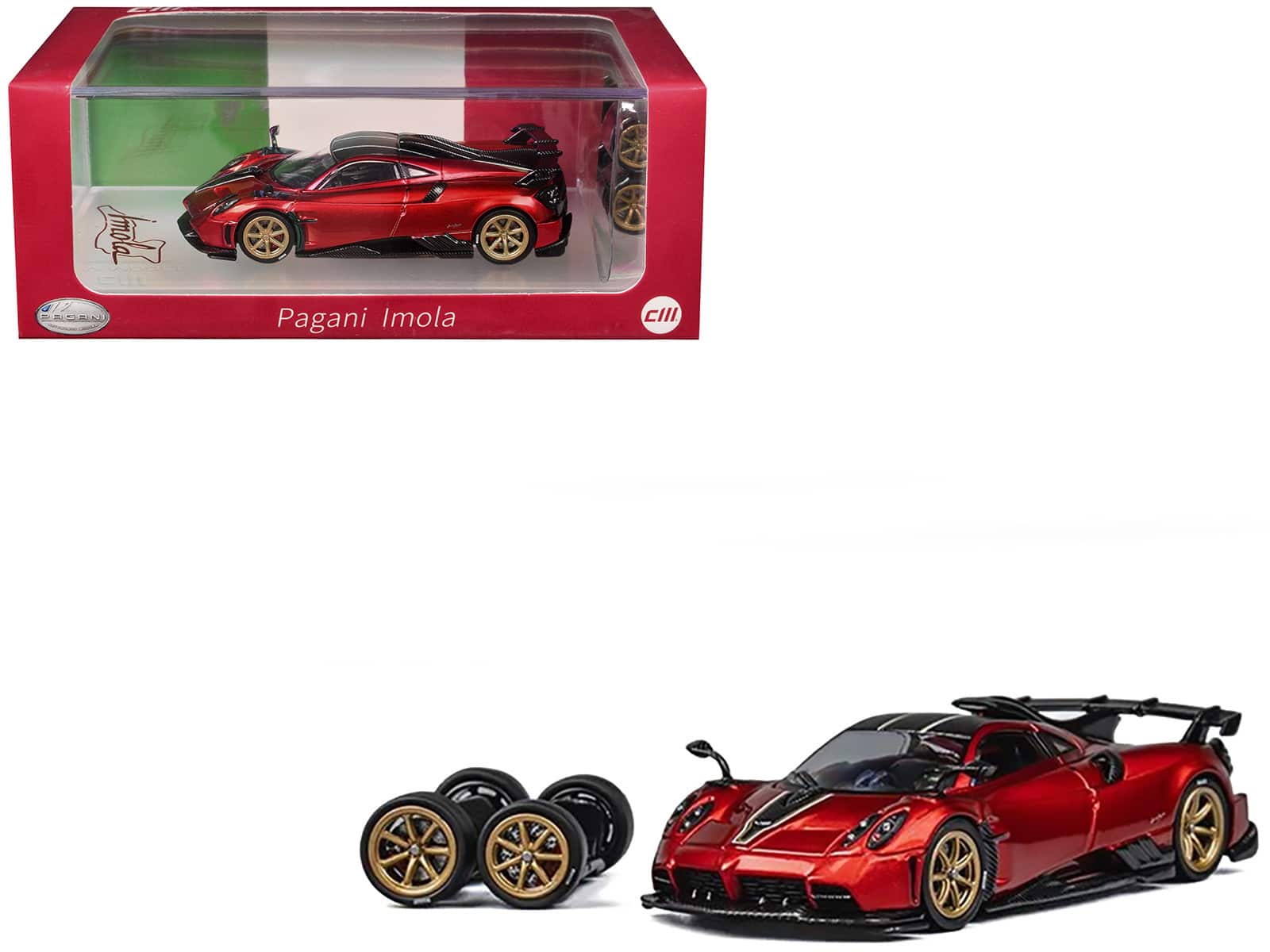 CM Models - Pagani Imola Red Metallic with Carbon Top and Stripes with Extra Wheels 1/64 Diecast Model Car by CM Model price history on PriceWatchPro