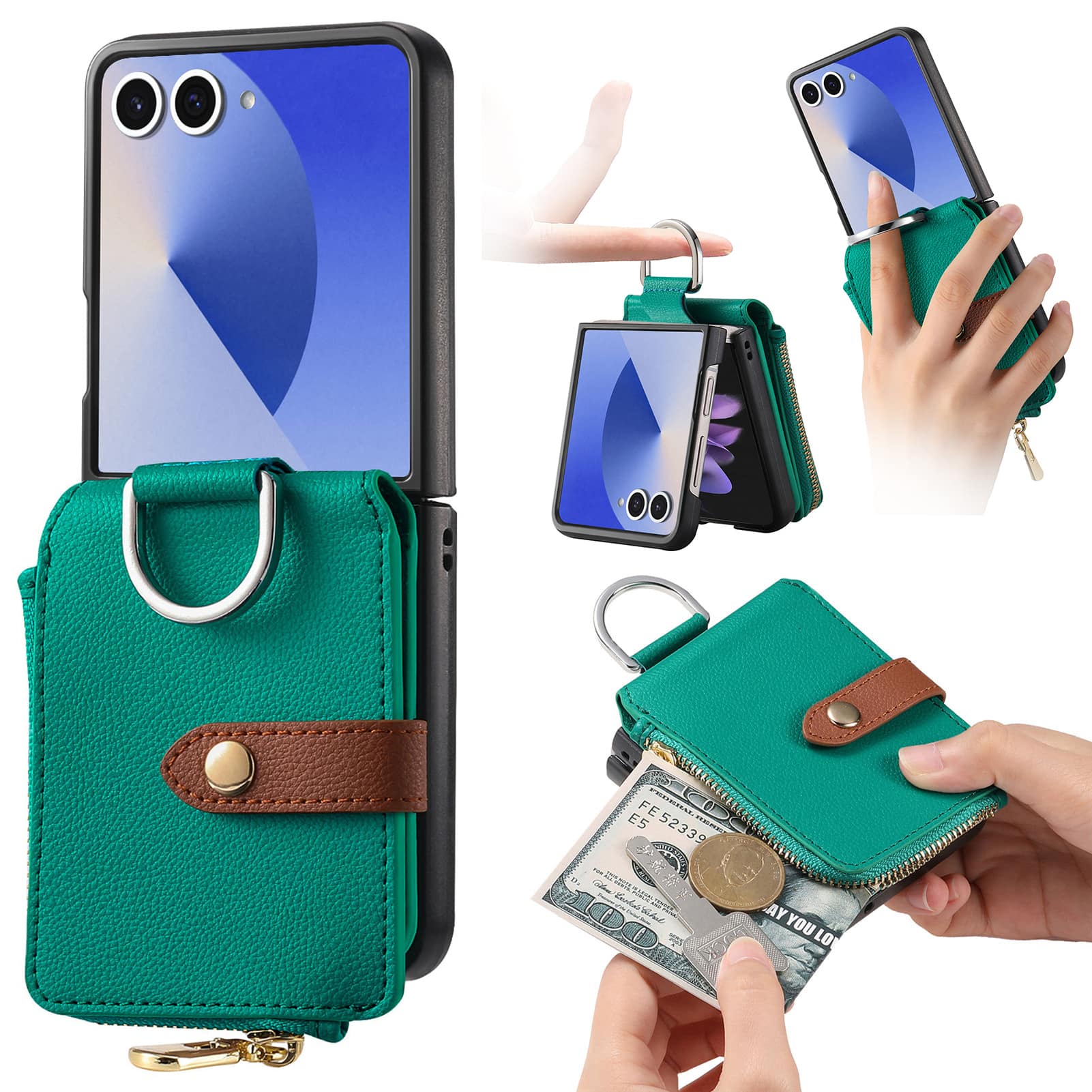 Dteck - Flip Wallet Case for Samsung Galaxy Z Flip7,Built-in Metal Finger Ring,Shockproof Zipper Pocket PU Leather Cover - Green