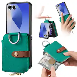 Dteck - Flip Wallet Case for Samsung Galaxy Z Flip7,Built-in Metal Finger Ring,Shockproof Zipper Pocket PU Leather Cover - Green