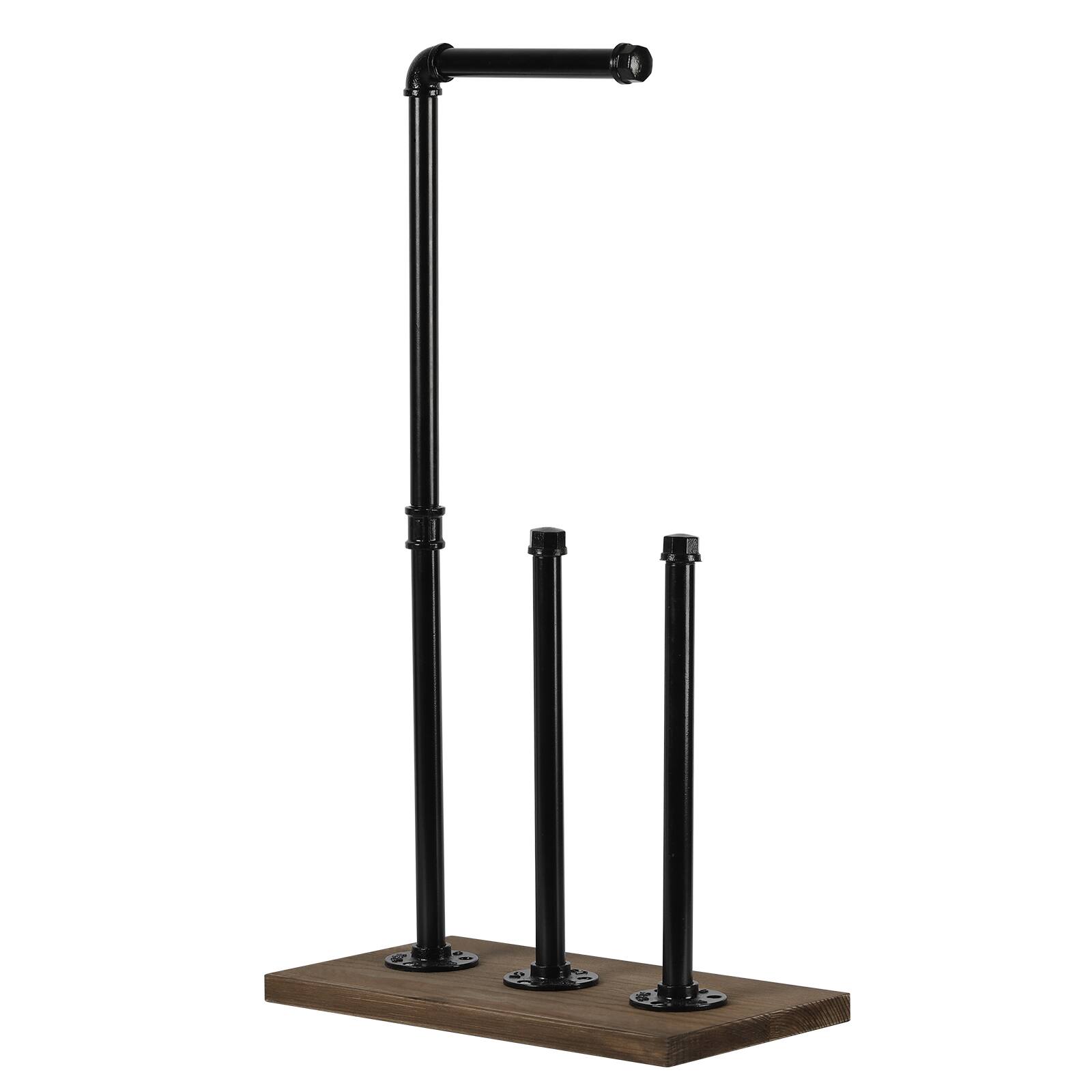 Angle. Oumilen - Industrial Pipe Freestanding Toilet Paper Holder – Black Metal Stand with Burnt Wood Base.