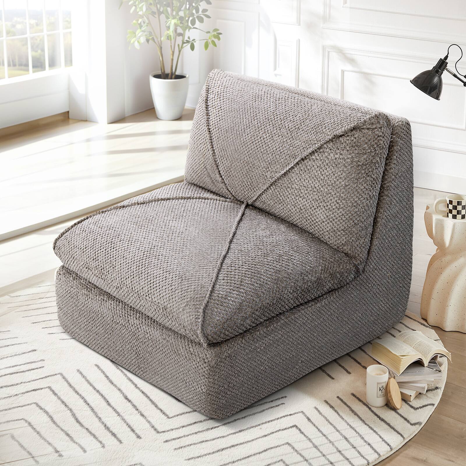 Alt View 2. KERDOM - 29'' W Armless Leisure Single Sofa, Cotton-linen Tufted Lazy Sofa Chair Ergonomic Bean Bag Sofa, Mini Sofa for Apartment - Grey.