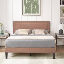 Vecelo - Full Size Platform Bed Frame with Adjustable Upholstered Headboard, Strong Wood Slat Support,No Box Spring Needed - Coffee