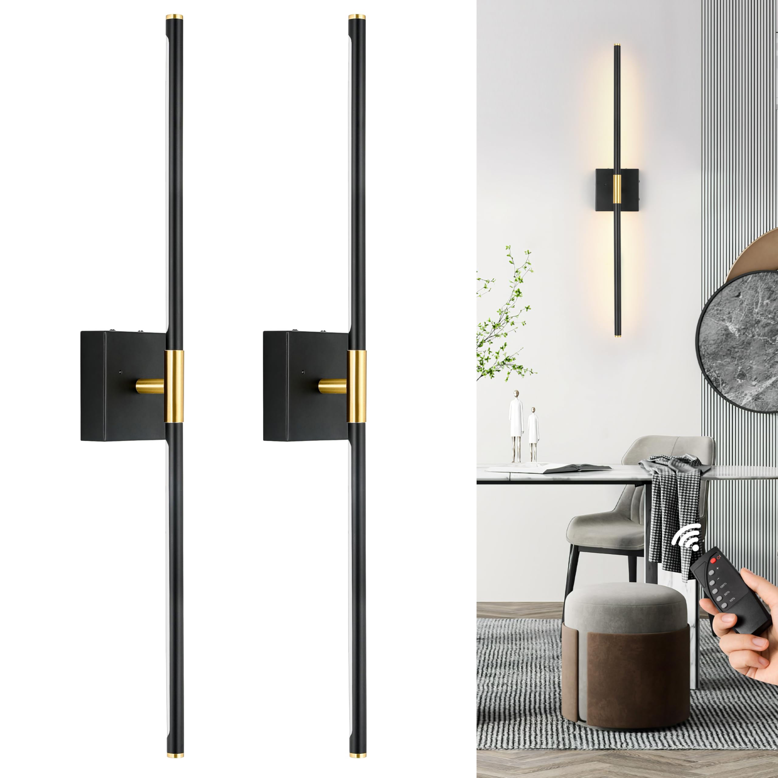 Front. Comfort Essence - Operated Wall Sconces Set Of Dimmable Sconce With Remote Control Led Rechargeable Inch Modern Wireless Ligh - Black Gold 24 inch (2 Pack).