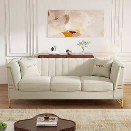 Anysun - 82.7" Beige Velvet 3-Seat Chesterfield Sofa with 2 Pillows for Living Room - Beige