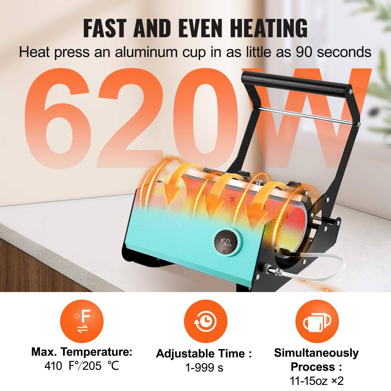FAST AND EVEN HEATING  
Heat press an aluminum cup in as little as 90 seconds  

620W  

Max. Temperature: 410 F/205 °C  
Adjustable Time: 1-999 s  
Simultaneously Process: 11-15oz x2