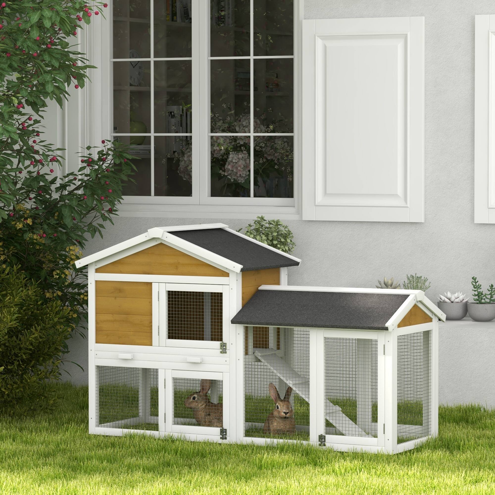Angle. Pawhut - 58" Wooden  Large Rabbit Hutch, Outdoor Indoor, Run, Removable Tray, Asphalt Roof, Lockable Doors, Ramp.