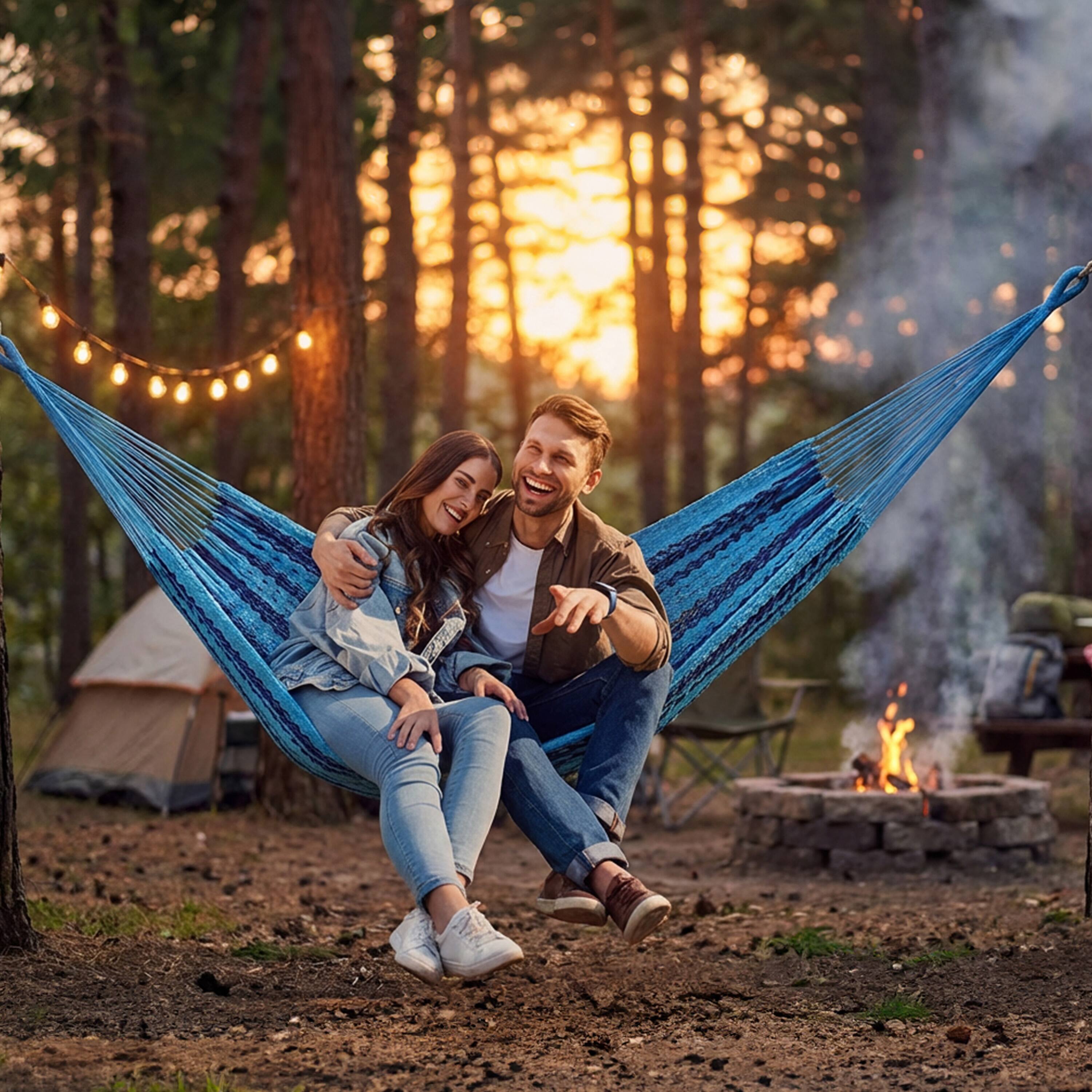 Alt View 9. Sunnydaze - 2-Person Cotton and Nylon Woven Fabric Hammock - Blue.