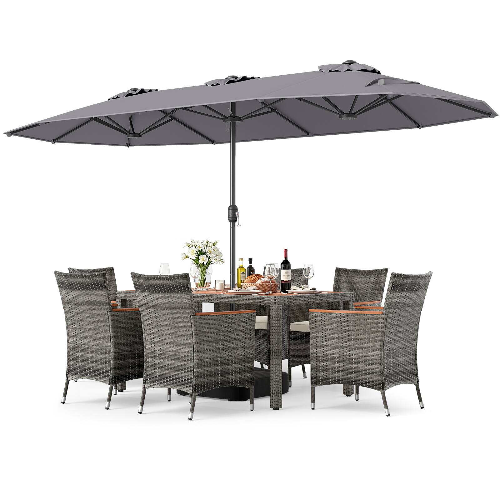 Alt View 5. Gymax - Gymax 8-Piece Patio Dining Set w/ Double-Sided Market Umbrella Acacia Wood Top Gray - Grey.