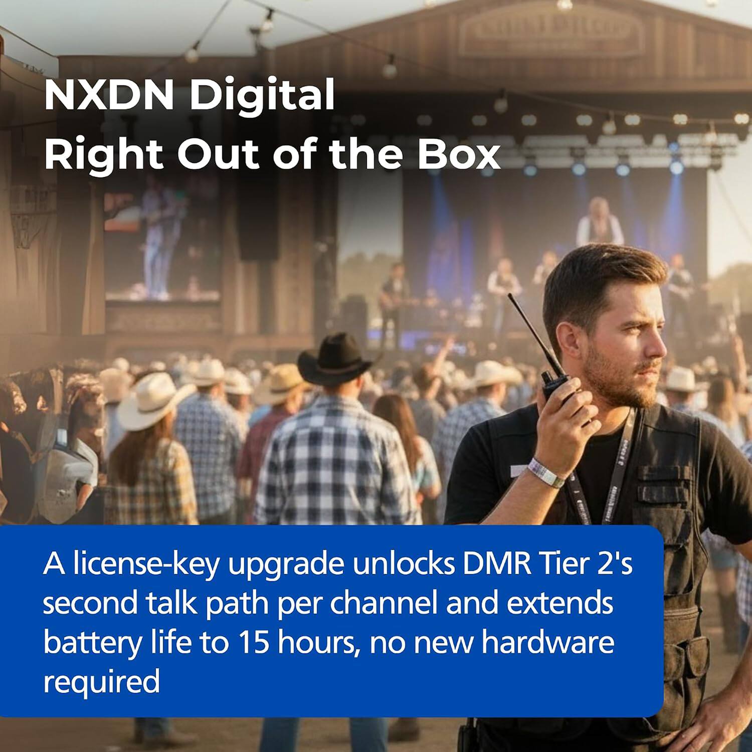 NXDN Digital Right Out of the Box

A license-key upgrade unlocks DMR Tier 2's second talk path per channel and extends battery life to 15 hours, no new hardware required