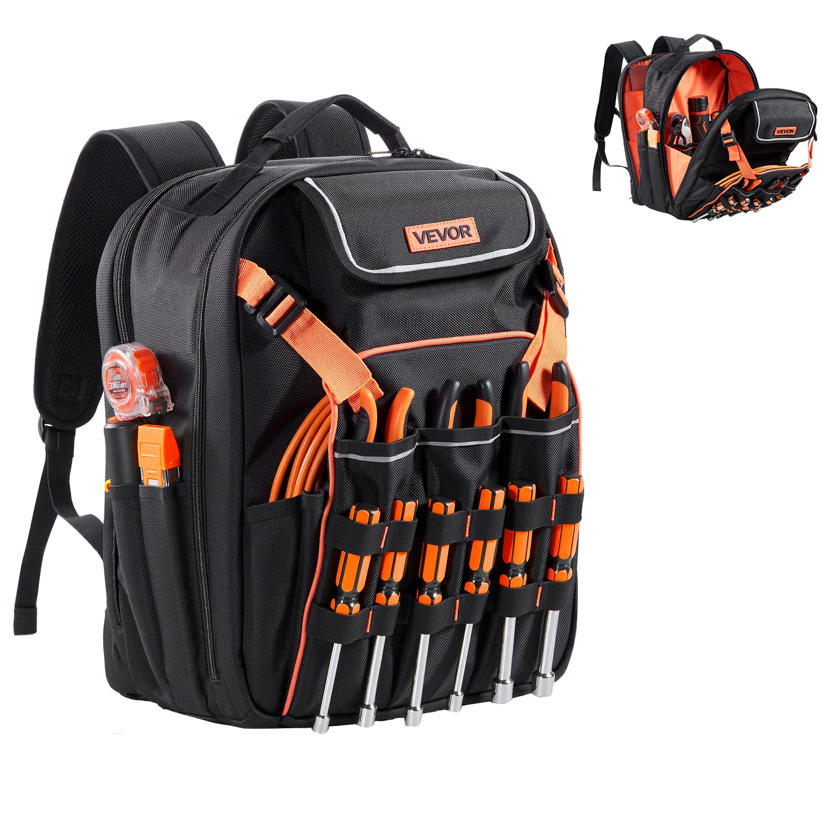 VEVOR - Tool Backpack, 45 Pockets, Heavy-duty Tools Storage Organizer Work Bags with Laptop Compartment&Reinforced Fabric Basee - Black & Orange