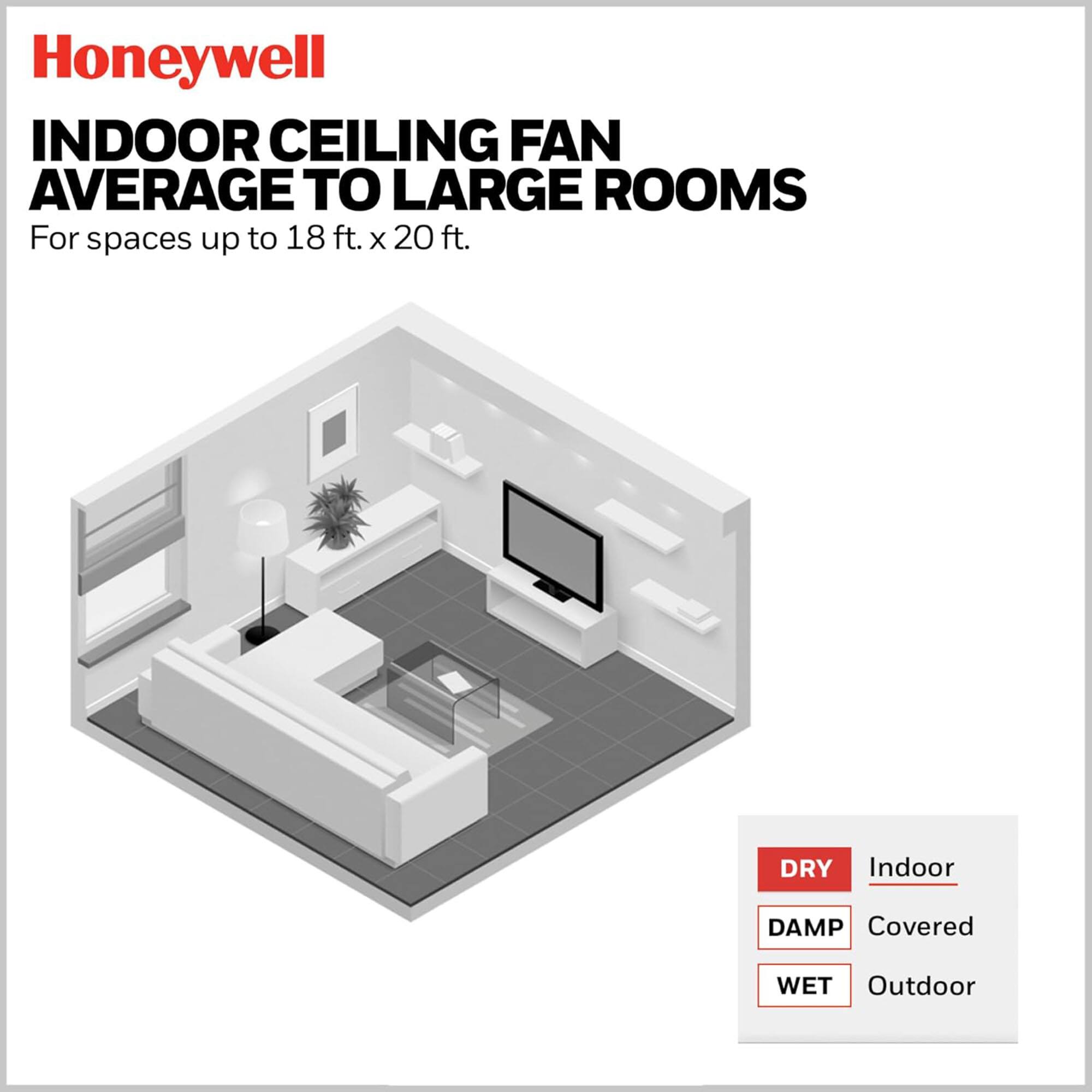Honeywell  
INDOOR CEILING FAN  
AVERAGE TO LARGE ROOMS  
For spaces up to 18 ft. x 20 ft.  

DRY - Indoor  
DAMP - Covered  
WET - Outdoor
