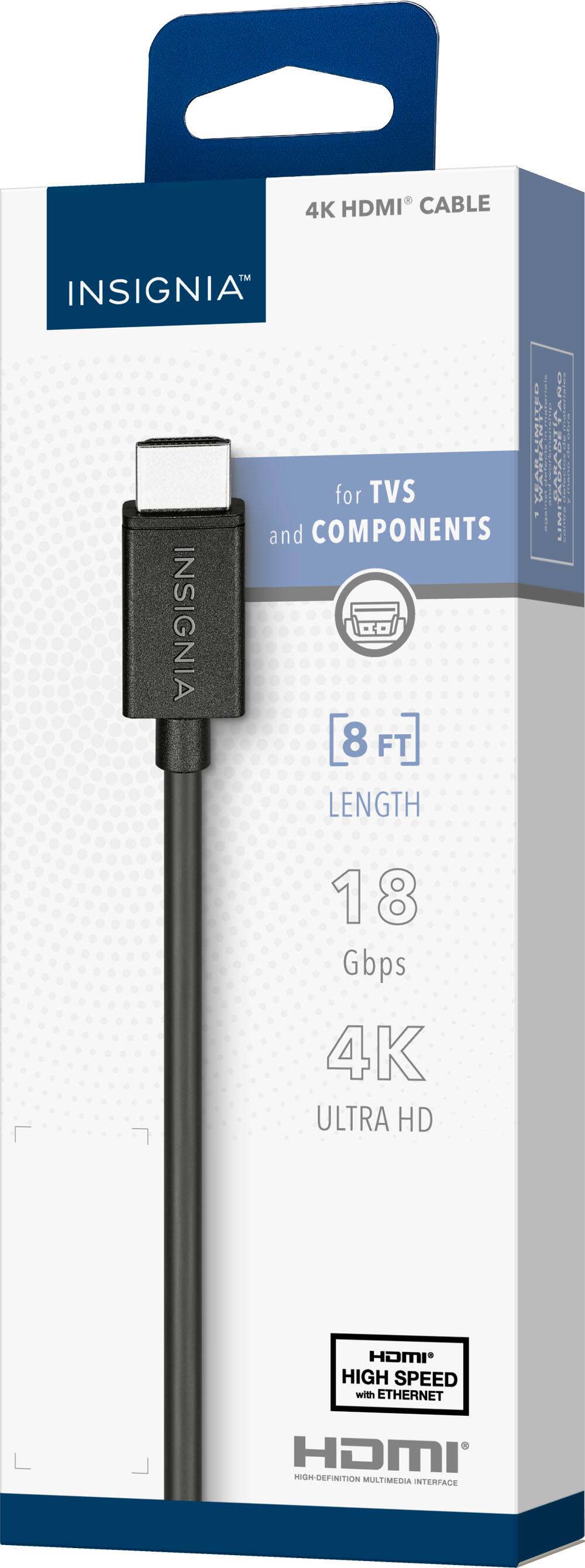 The text on the image reads: "4K HDMI CABLE TM INSIGNIA: for TVs and COMPONENTS INSIGNIA 8 FT LENGTH! 18 Gbps 4K ULTRA HD HIGH SPEED with ETHERNET HDMI MULTIMEDIA INTERFACE."