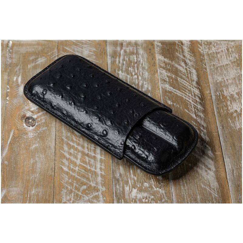 Alt View 2. Prestige - Ostrich 2 Cigar Case (Black) - Black Leather Finish.