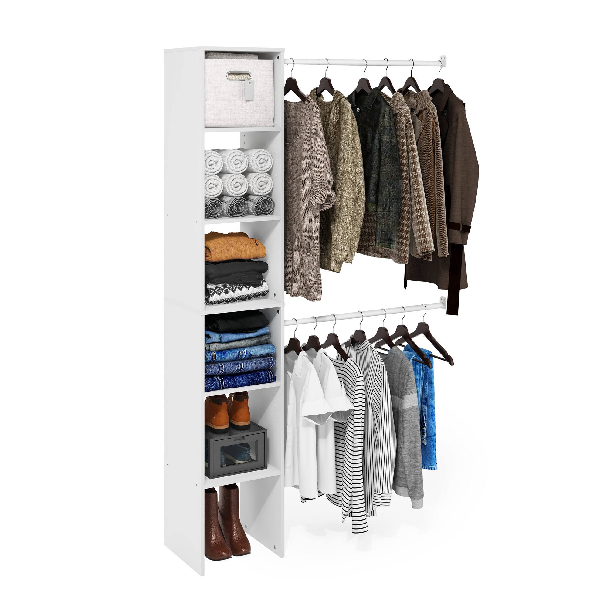Alt View 3. Furinno - Fano Clothing & Closet Storage Organizer Shelf Tower with 2 Hanging Bars - White.