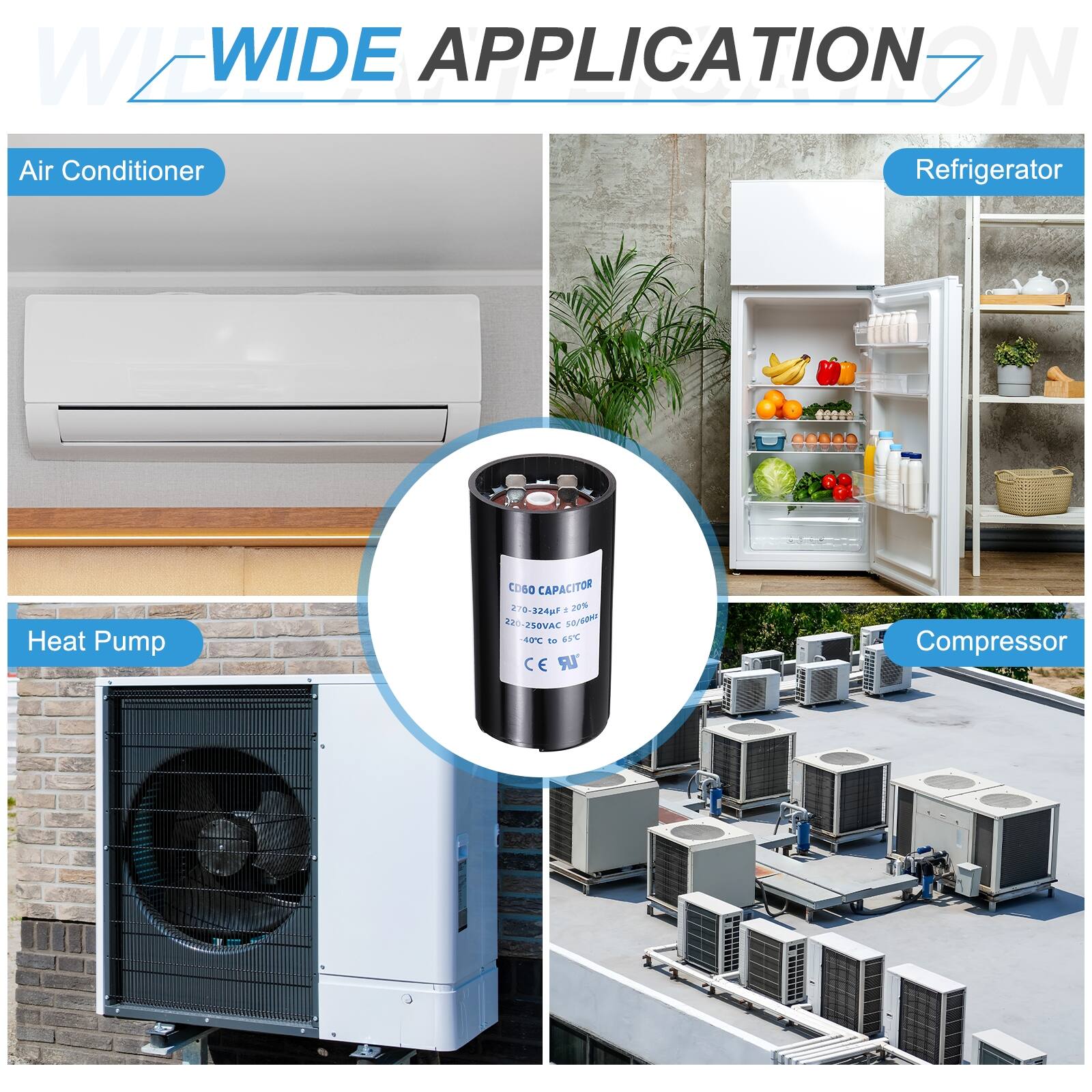 WIDE APPLICATION

Air Conditioner  
Refrigerator  
Heat Pump  
Compressor  

COSO CAPACITOR  
270-324pF  
20%  
22-250VAC  
Pre 40C to 85C  
CE