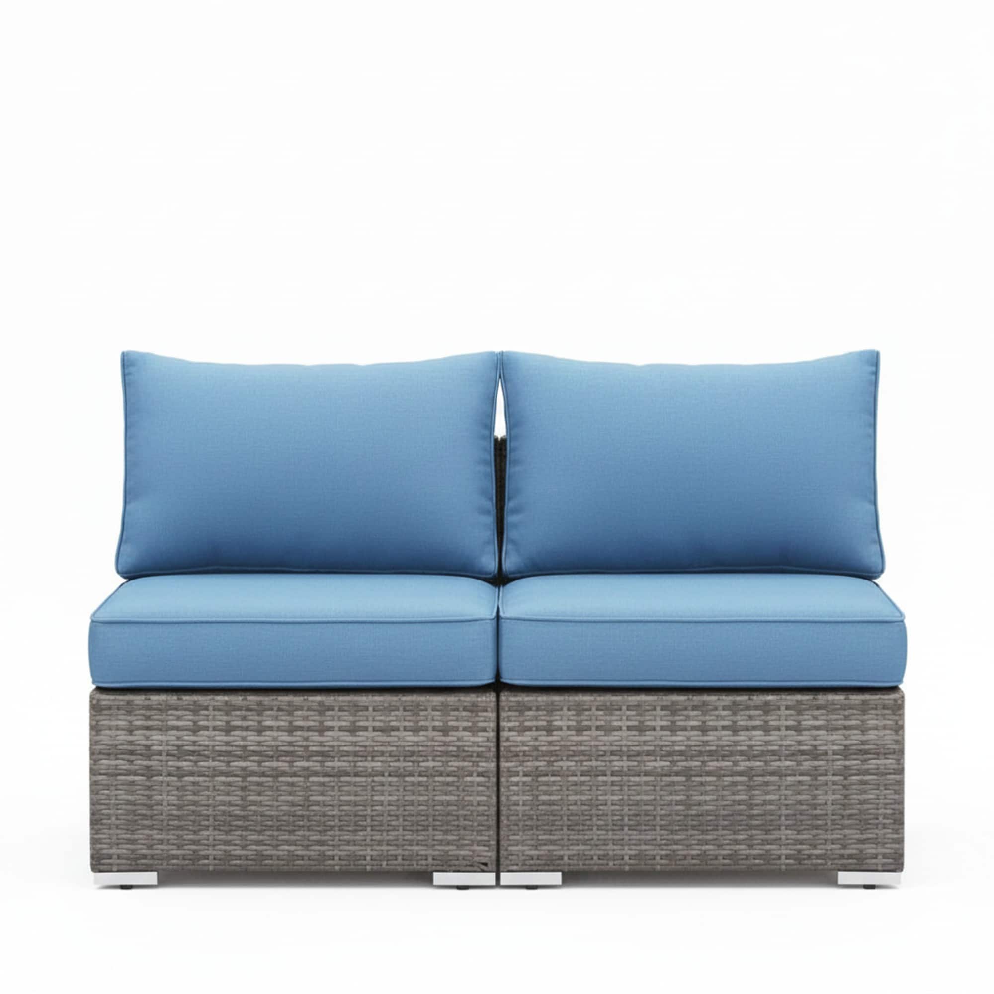 Mondawe - 2-Piece Outdoor Wicker Armless Loveseat Set with Cushions - Blue+Brown