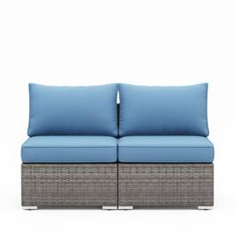 Mondawe - 2-Piece Outdoor Wicker Armless Loveseat Set with Cushions - Blue+Brown