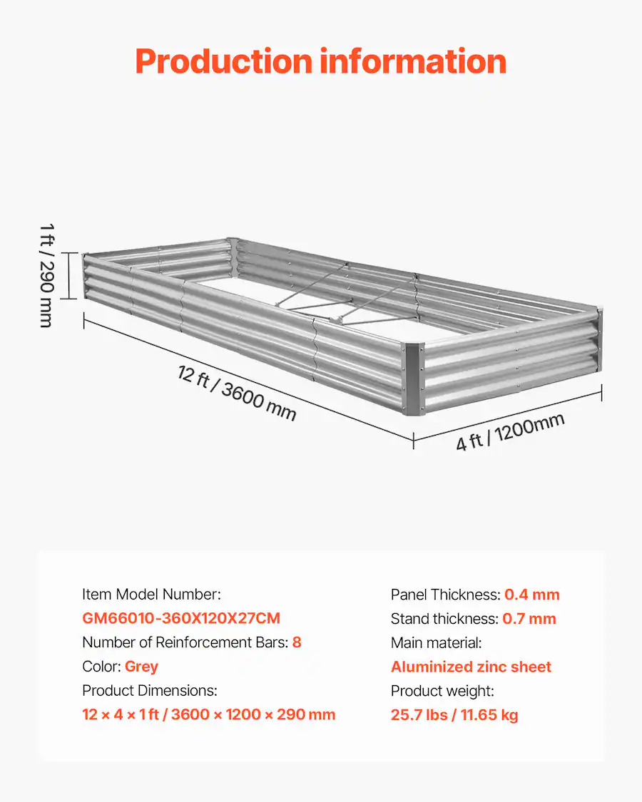 Bed Back Box Design VEVOR Metal Raised Garden Bed, 12 x 4 x 1 ft Outdoor Galvalume Planter ...
