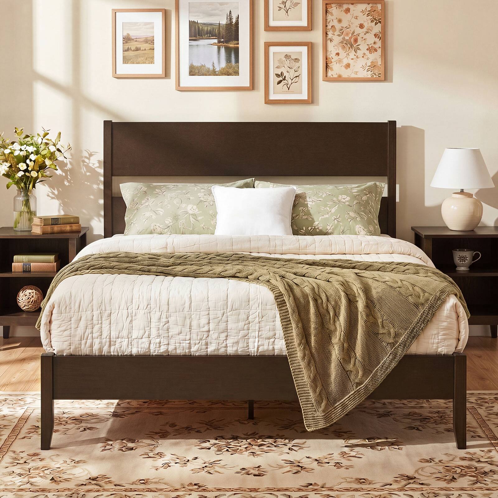 Alt View 3. Costway - Costway Queen Bed Frame with Headboard, Solid Wood Legs, 12 Slats, No Box Spring Needed - Dark Walnut.
