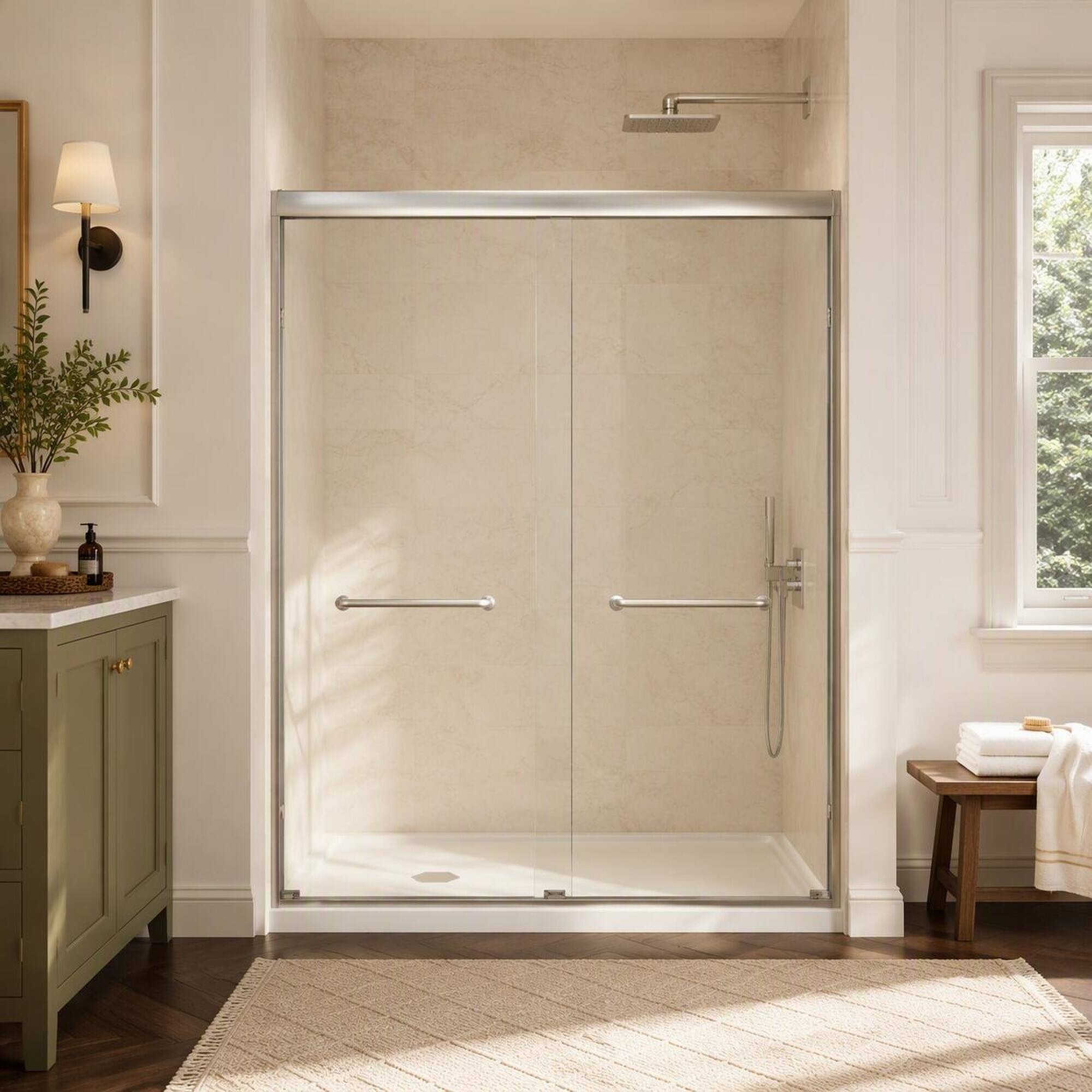 Back. RYHNUYNE - 56-60" X 72" Aluminum Frame Double Sliding Shower Door With 1/4" Tempered Glass, Brushed Nickel Steel Handle - Brushed Nickel.