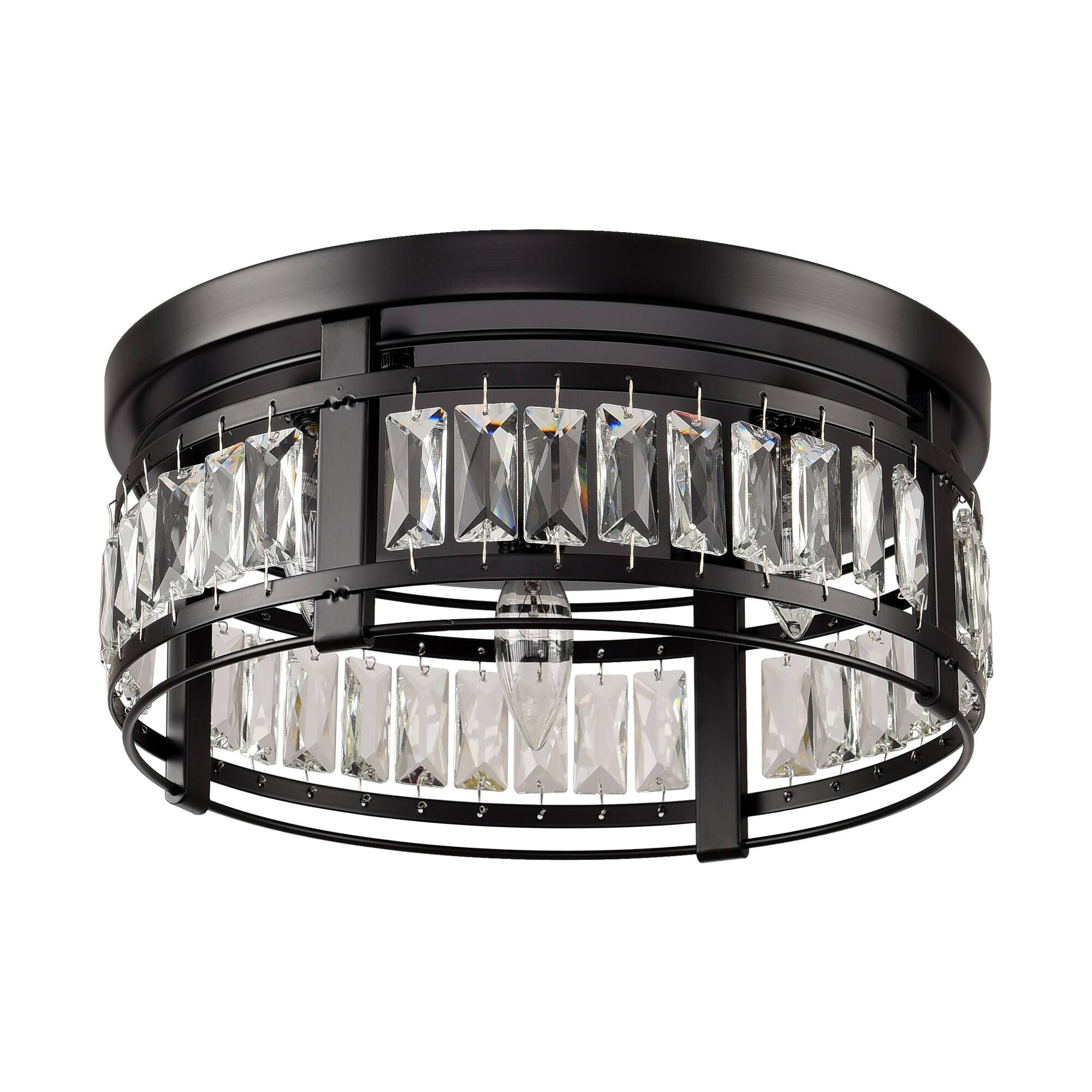 Back. Parrot Uncle - 13.3" Modern Black 3-Light Crystal Hallway Flush Mount Chandelier - Black.