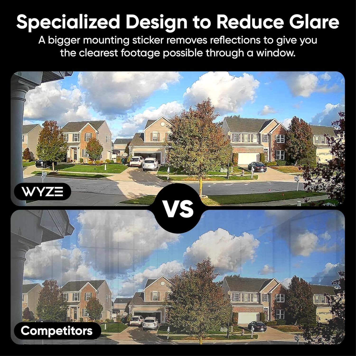 Specialized Design to Reduce Glare  
A bigger mounting sticker removes reflections to give you the clearest footage possible through a window.  

WYZE VS Competitors