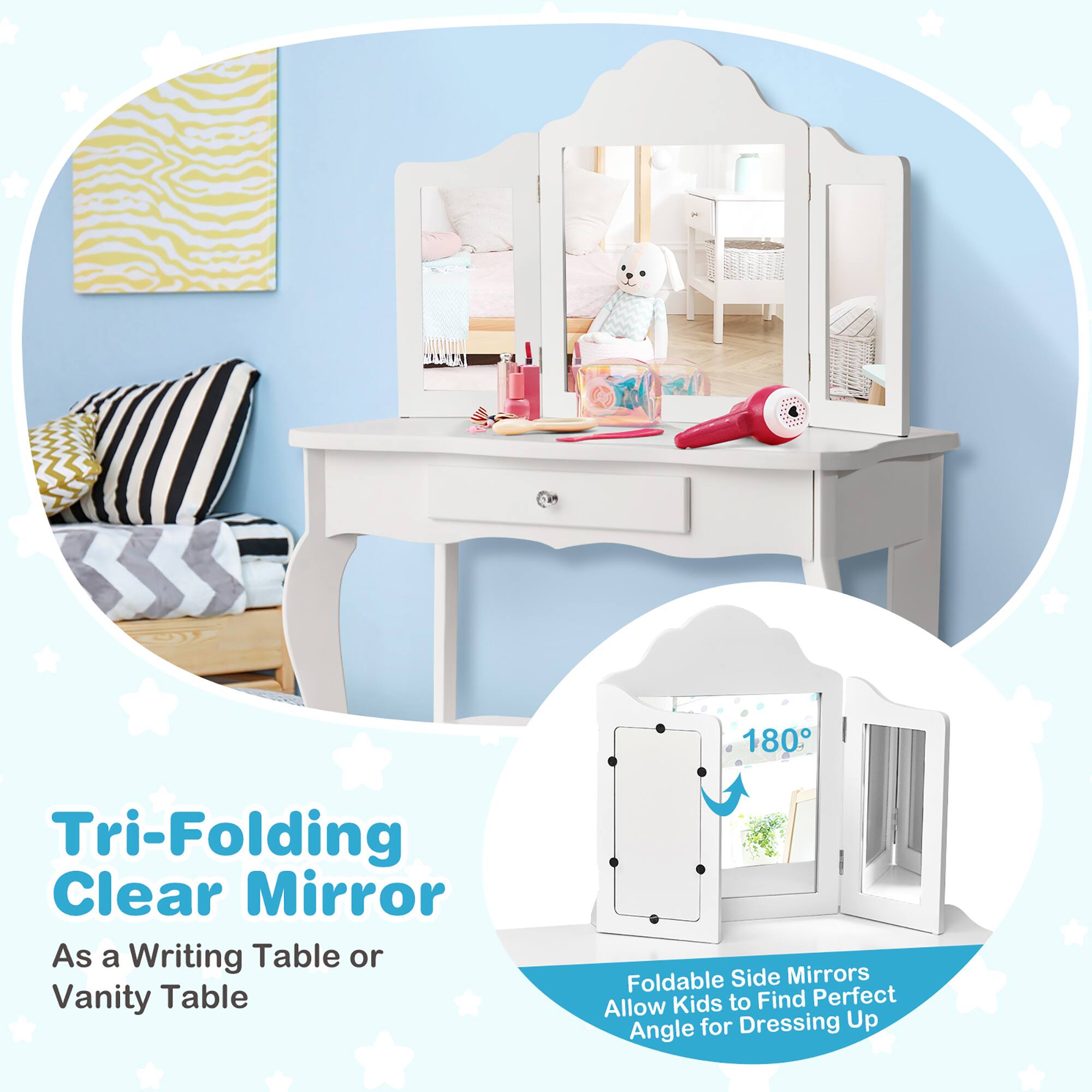 Tri-Folding Clear Mirror, As a Writing Table or Vanity Table, Foldable Side Mirrors, Allow Kids to Find Perfect Angle for Dressing Up