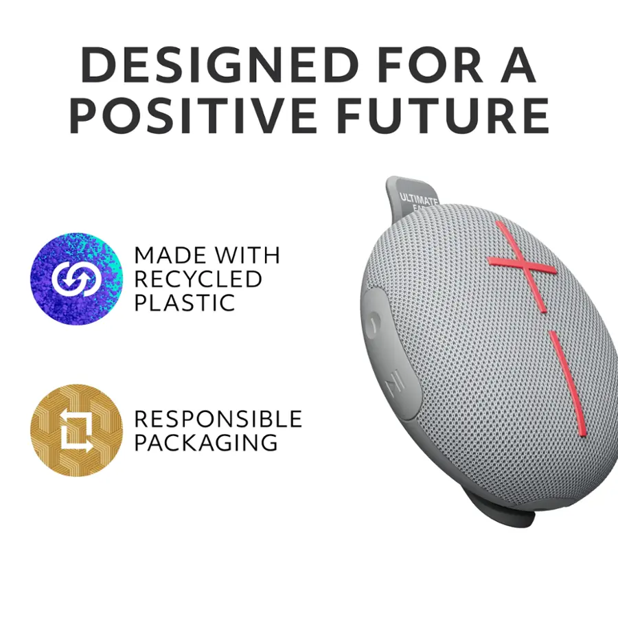 Designed for a Positive Future: Ultimate Ears made with recycled plastic and responsible packaging.