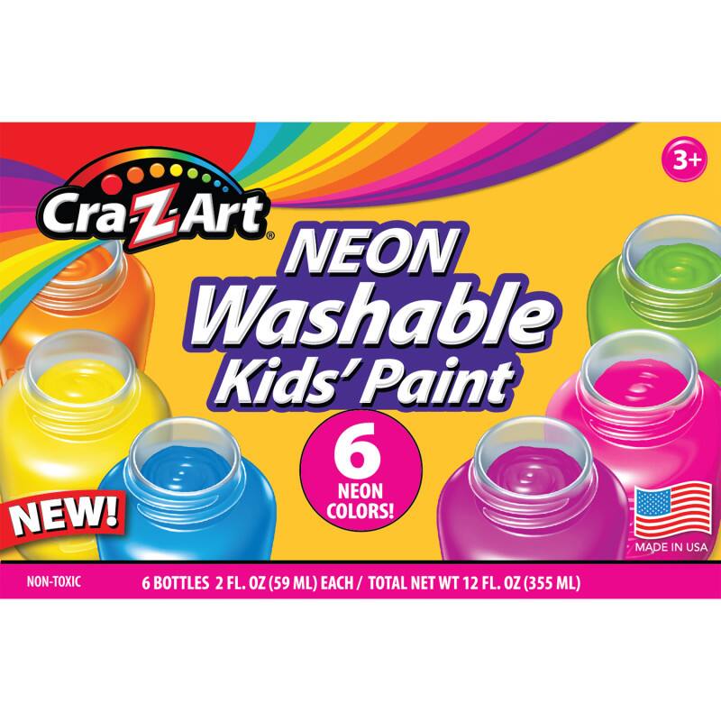 3+ Cra-Z-Art NEON Washable Kids' Paint  
NEW!  
6 NEON COLORS!  
MADE IN USA  
NON-TOXIC  
6 BOTTLES 2 FL. OZ (59 ML) EACH / TOTAL NET WT 12 FL. OZ (355 ML)