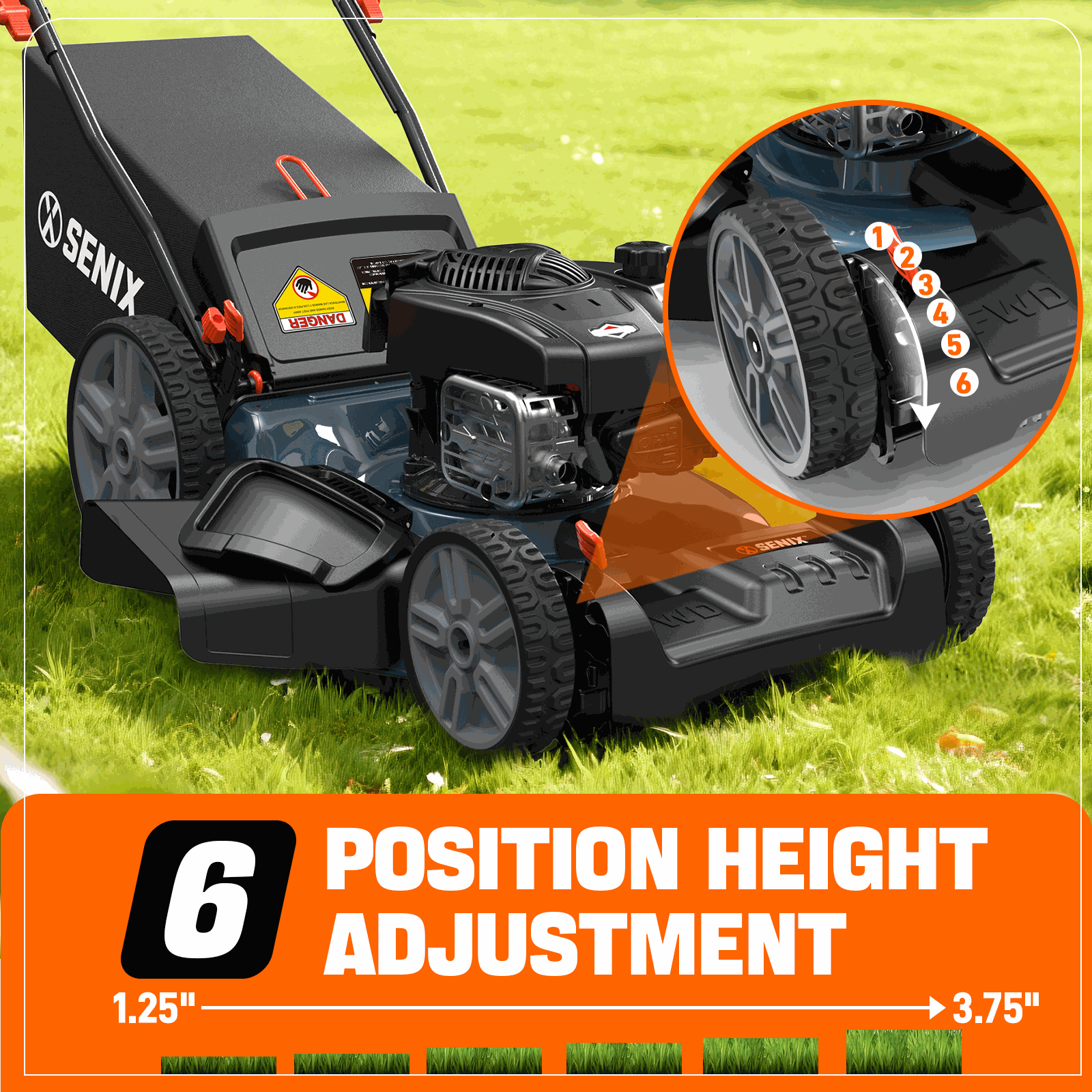 SENIX  
DANGER  
POSITION HEIGHT ADJUSTMENT  
1.25" - 3.75"
