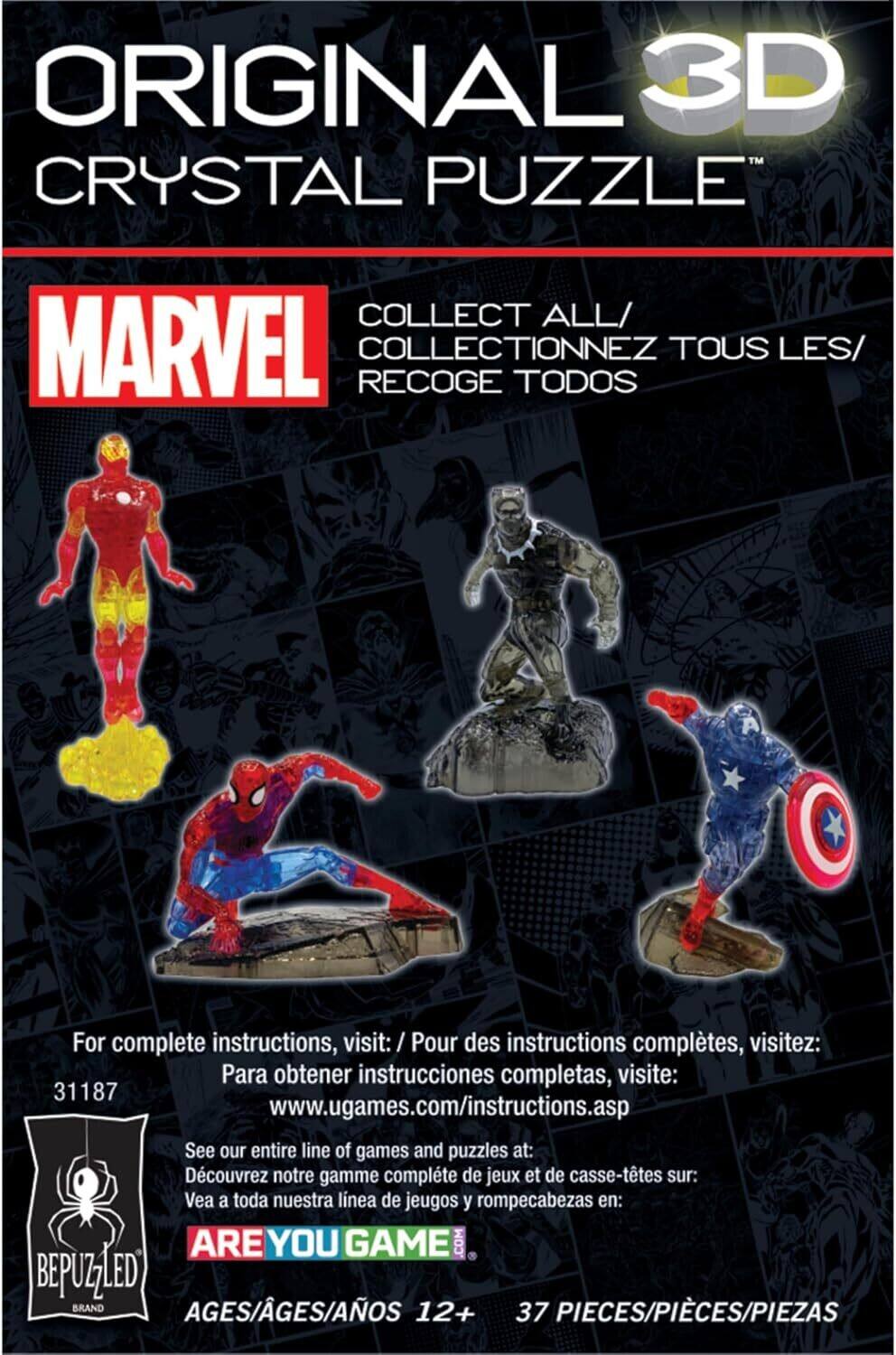 ORIGINAL 3D CRYSTAL PUZZLE  
MARVEL  
COLLECT ALL/ COLLECTIONNEZ TOUS LES/ RECOGE TODOS  

For complete instructions, visit: / Pour des instructions complètes, visitez: Para obtener instrucciones completas, visite:  
31187 www.ugames.com/instructions.asp  

See our entire line of games and puzzles at: Découvrez notre gamme complète de jeux et de casse-têtes sur: Vea a toda nuestra línea de juegos y rompecabezas en:  
ARE YOU GAME .COM  

BEPUZZLED BRAND  
AGES/ÂGES/ANOS 12+  
37 PIECES/PIÈCES/PIEZAS
