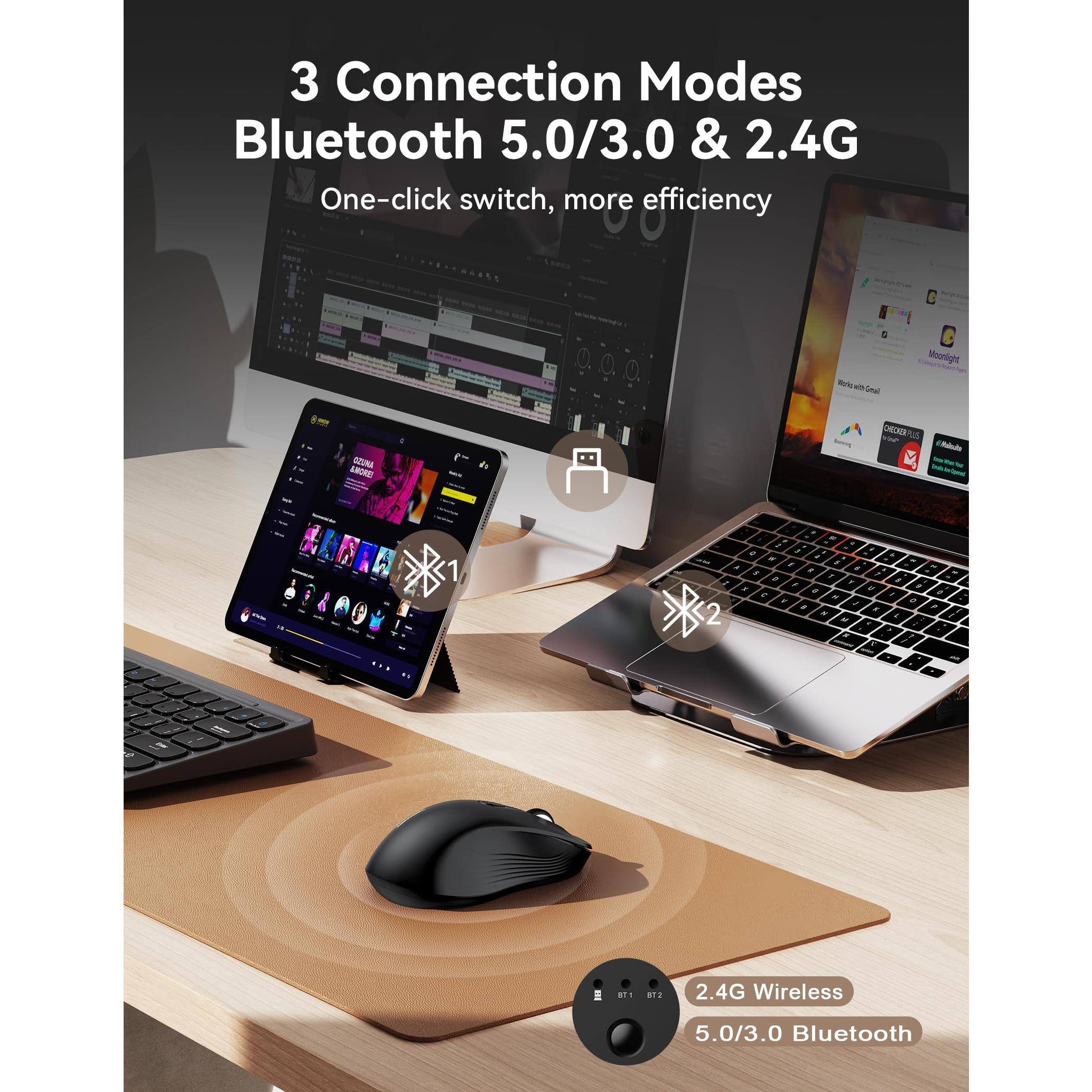 3 Connection Modes  
Bluetooth 5.0/3.0 & 2.4G  
One-click switch, more efficiency  

2.4G Wireless  
5.0/3.0 Bluetooth