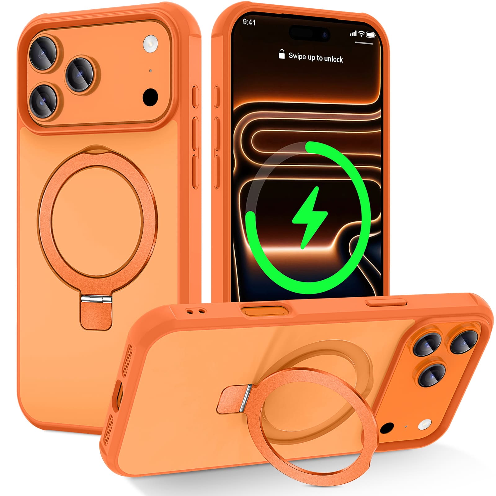 Dteck - for Apple iPhone 17 Pro Magnetic Ring Kickstand Case,Rugged PC TPU Metal Shockproof Wireless Charging Cover - Orange