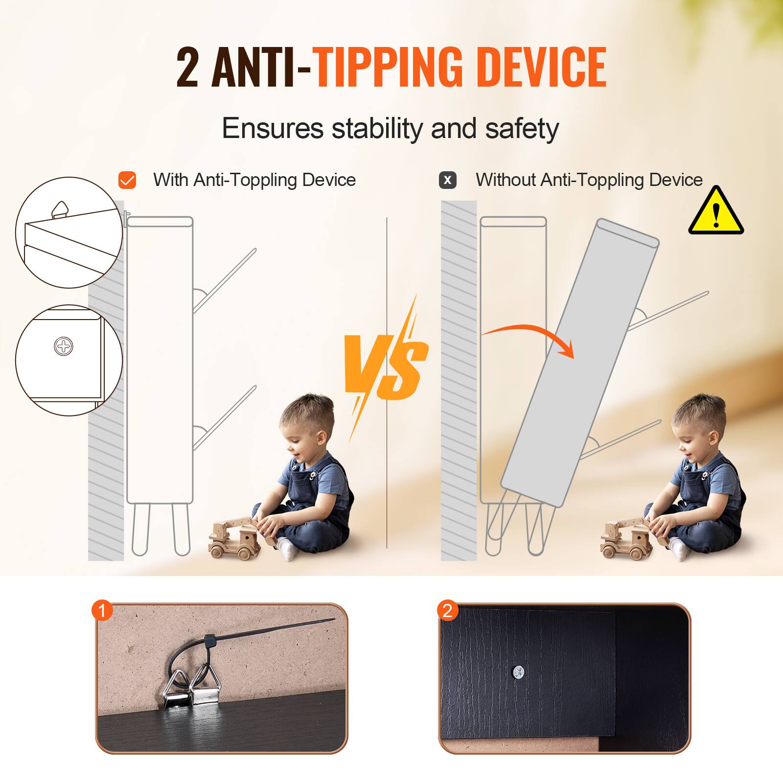 2 ANTI-TIPPING DEVICE  
Ensures stability and safety  

With Anti-Topping Device  
VS  
Without Anti-Topping Device  

1  
2