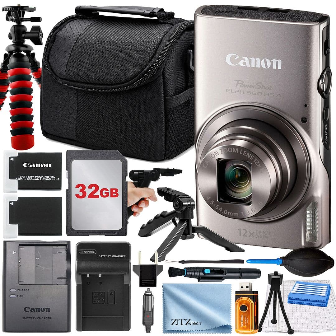 Canon - PowerShot ELPH 360 HS A Camera with 32GB Card + Case + Tripod + Pistol Grip + ZeeTech Pro - Silver
