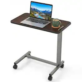 Costway - Overbed Table Height Adjustable Bedside Table with Sturdy H-Shaped Base - Walnut