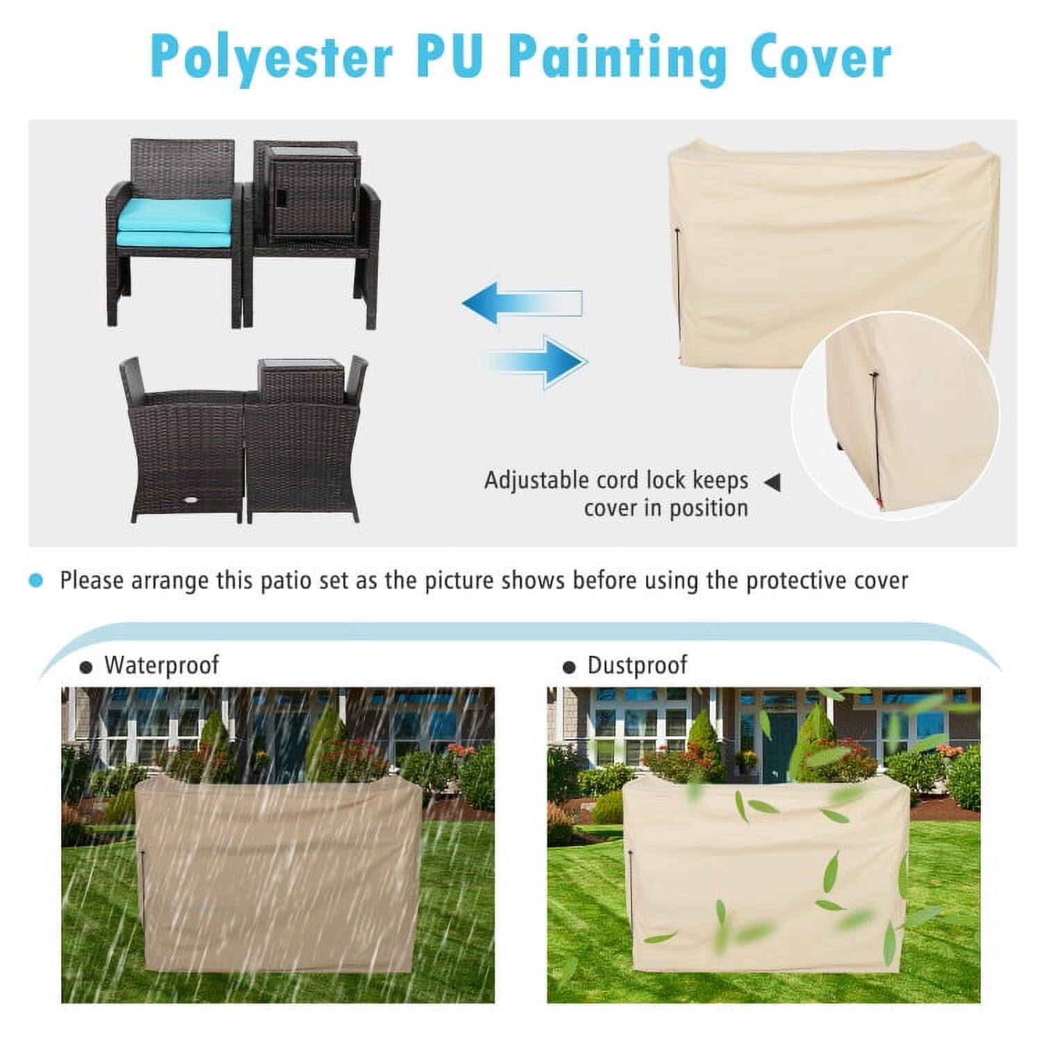 Polyester PU Painting Cover

Adjustable cord lock keeps cover in position

Please arrange this patio set as the picture shows before using the protective cover

- Waterproof
- Dustproof