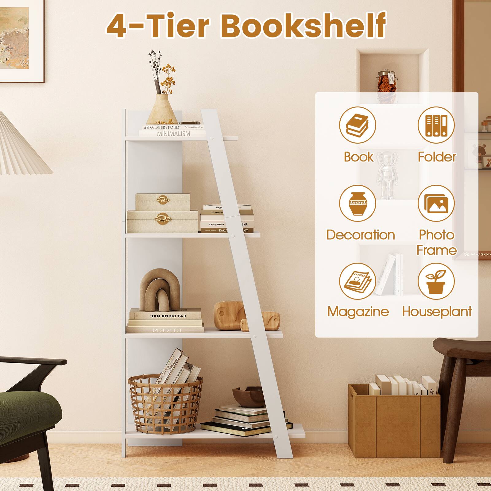 4-Tier Bookshelf IMECENRYIAMLT AMILY MINIMALISM Book Folder 2 - i I I 1 A a02 Decoration Photo Frame SEAISLM ma NAP HIR EAT Magazine Houseplant LINEN