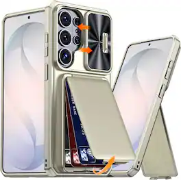 Dteck - Rugged Shockproof Flip Stand RFID Wallet Case Sliding Camera Lens Cover for Samsung Galaxy S24 Ultra - Titaniumgold
