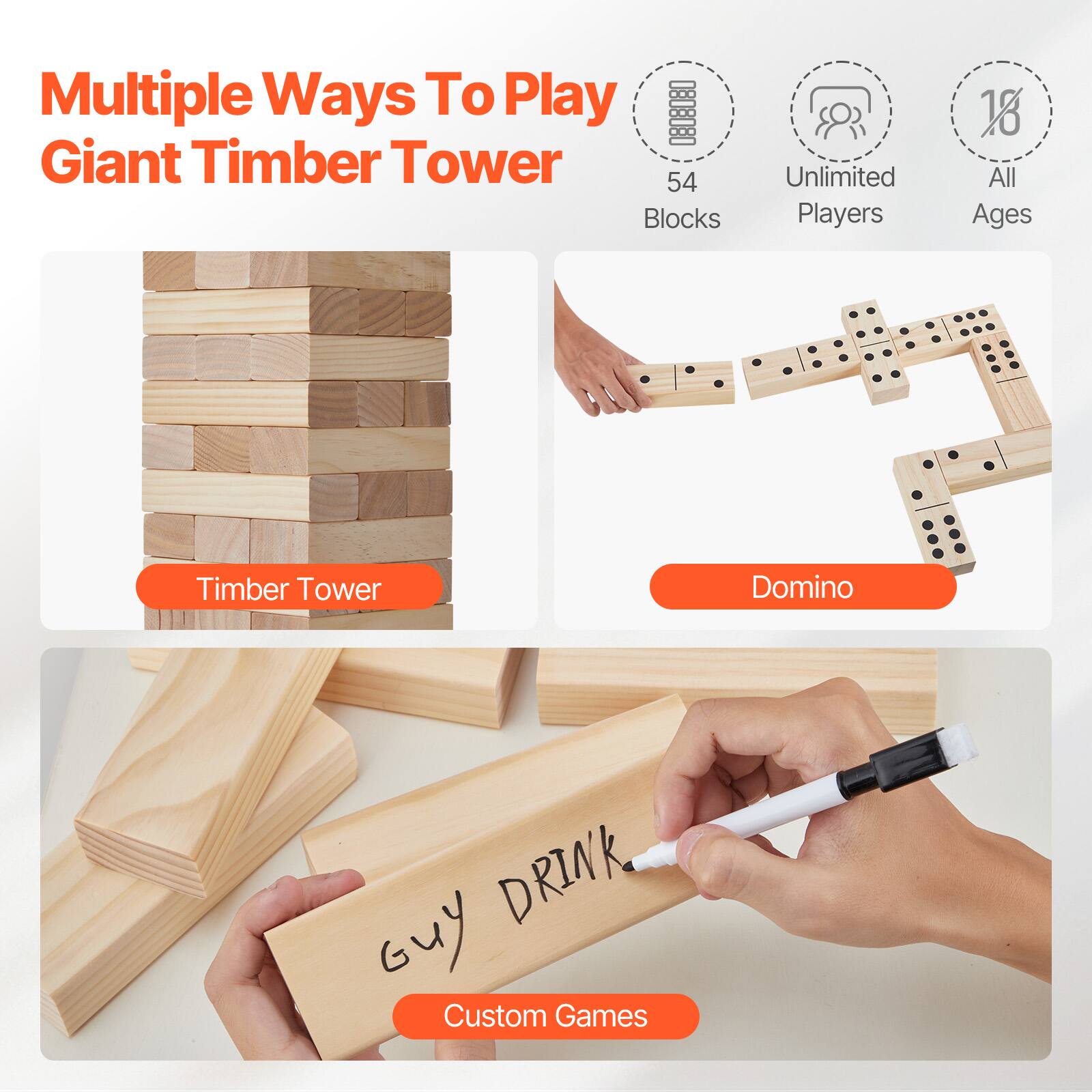 Multiple Ways To Play  
Giant Timber Tower  

54 Blocks  
Unlimited Players  
All Ages  

Timber Tower  
Domino  
Custom Games