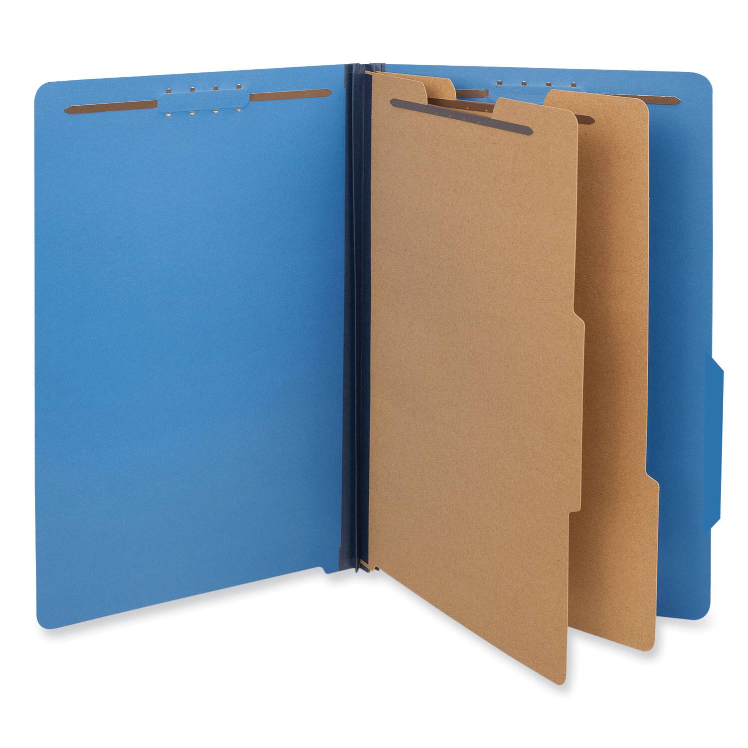 Angle. Universal - Bright Colored Pressboard Classification Folders, 2" Expansion, 2 Dividers, 6 Fasteners, Legal Size, Cobalt Blue, 10/Box.
