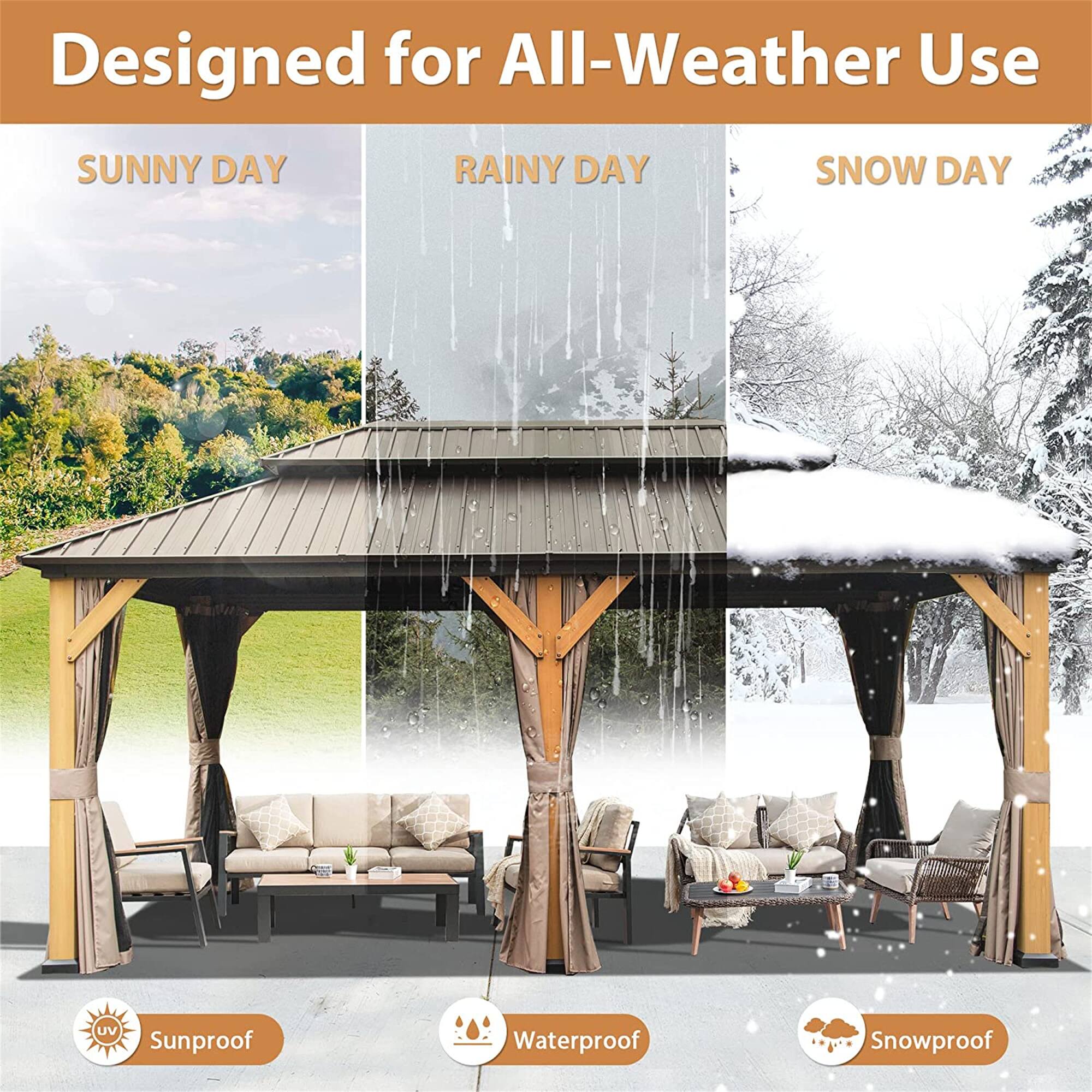 Designed for All-Weather Use

SUNNY DAY  
RAINY DAY  
SNOW DAY

UV Sunproof  
Waterproof  
Snowproof